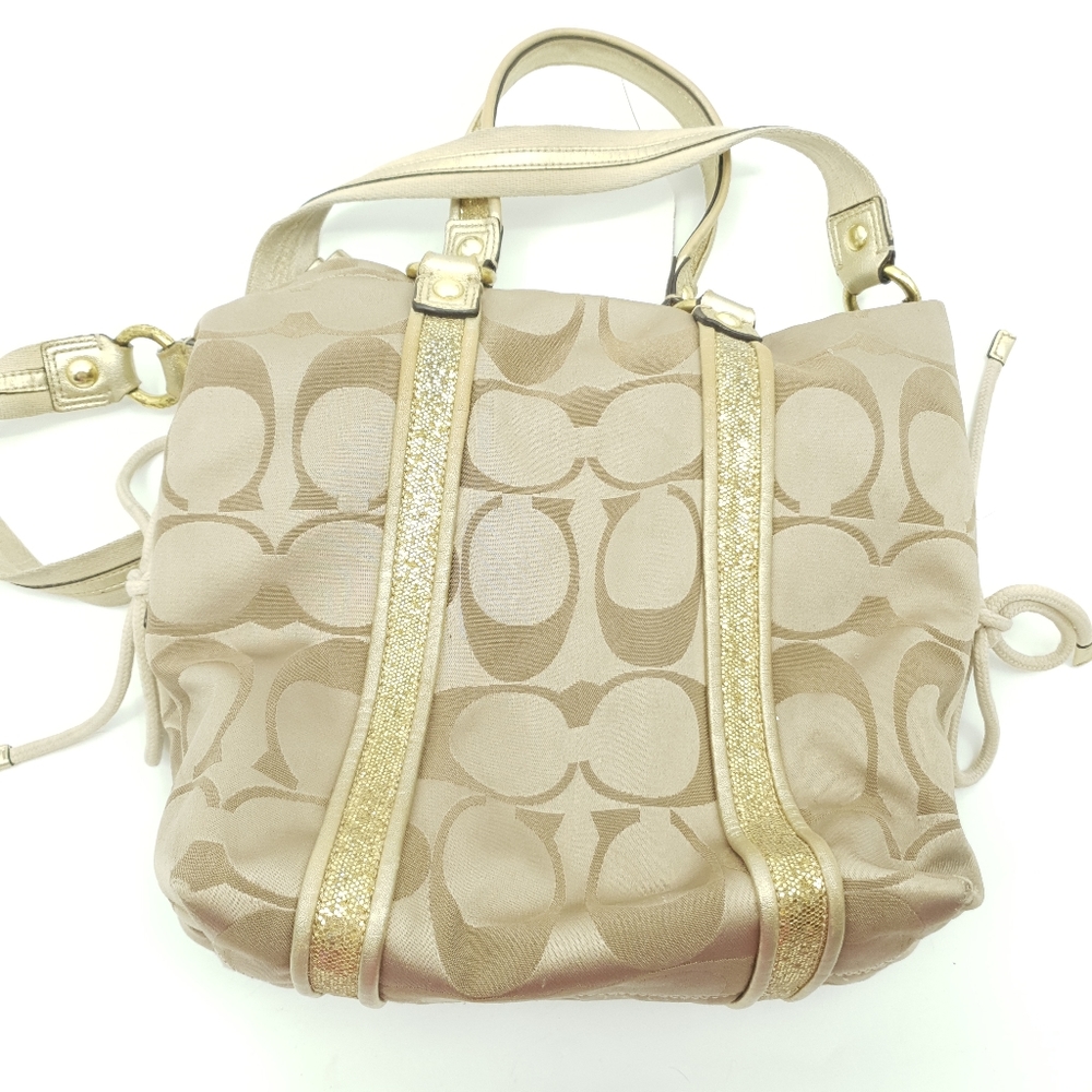 Coach Poppy Applique Purse Shoulder Bag Gold Sparkly Colorful Hearts Pink Inside - Picture 2 of 12